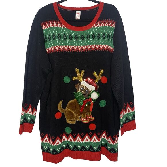 HOLIDAY TIME Ugly Christmas Sweater Pug Dog Reindeer Pom Pom Pullover Womens 2X - Picture 1 of 5